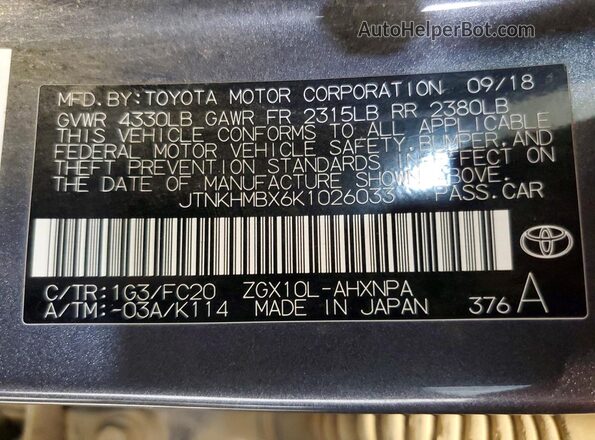 JTNKHMBX6K1026033 2019 TOYOTA C-HR Gray VIN კოდის სტიკერის ხედი