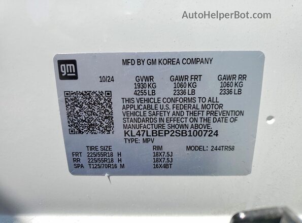 KL47LBEP2SB100724 2025 BUICK OTHER White VIN კოდის სტიკერის ხედი