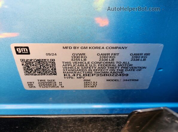 KL47LBEP3SB022499 2025 BUICK OTHER Синий Вид наклейки с VIN-кодом