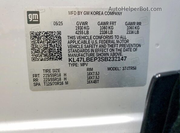 KL47LBEP3SB232147 2025 BUICK OTHER White VIN կոդի պիտակի տեսք