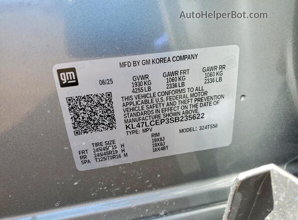 KL47LCEP3SB235622 2025 BUICK OTHER Gray Widok naklejki z numerem VIN
