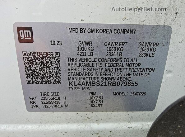 KL4AMBS21RB079855 2024 BUICK ENCORE Белый Вид наклейки с VIN-кодом