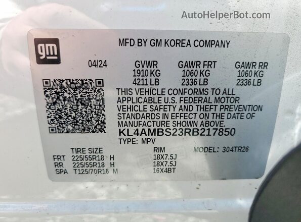 KL4AMBS23RB217850 2024 BUICK ENCORE Белый Вид наклейки с VIN-кодом