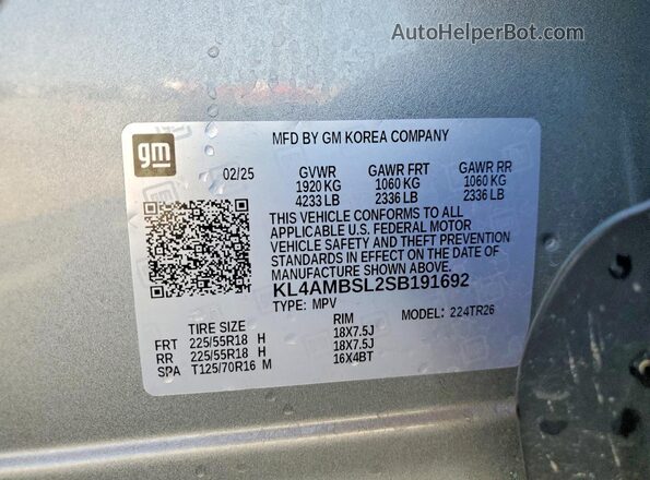 KL4AMBSL2SB191692 2025 BUICK ENCORE Gray Widok naklejki z numerem VIN