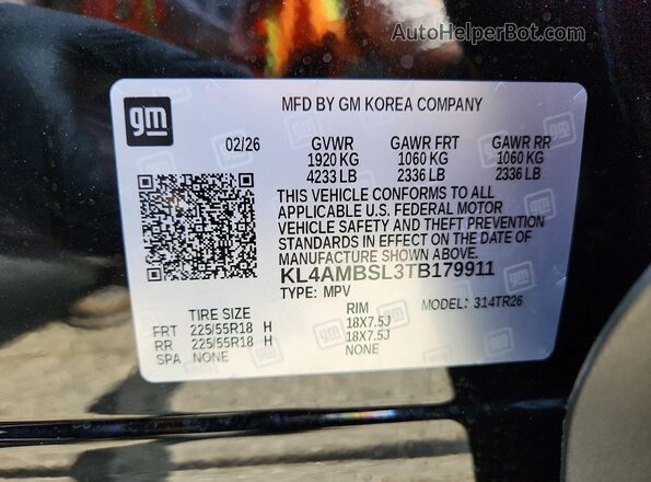 KL4AMBSL3TB179911 2026 BUICK ENCORE Черный Вид наклейки с VIN-кодом