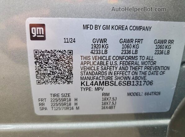 KL4AMBSL6SB131706 2025 BUICK ENCORE Серебряный Вид наклейки с VIN-кодом