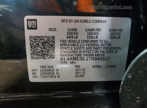KL4AMCSL1TB045517 2026 BUICK ENCORE Черный Вид наклейки с VIN-кодом