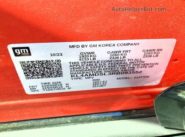 KL4AMDSL3RB093552 2024 BUICK ENCORE Красный Вид наклейки с VIN-кодом