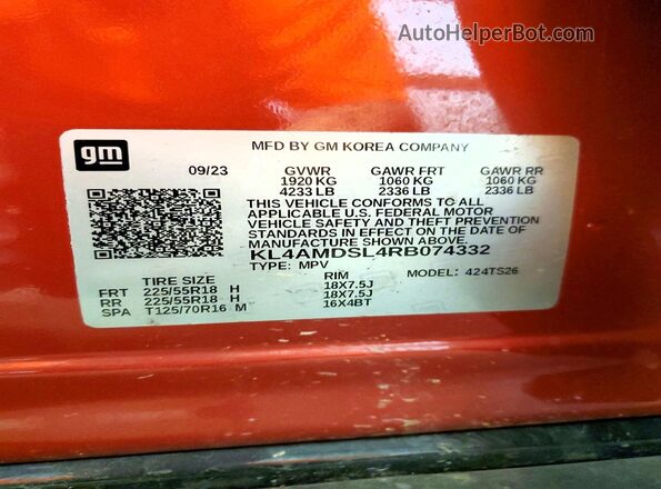 KL4AMDSL4RB074332 2024 BUICK ENCORE Red Vista de la etiqueta del VIN