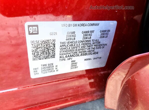 KL4AMGSL8SB191404 2025 BUICK ENCORE Red Widok naklejki z numerem VIN