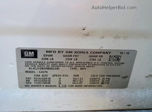 KL4CJ1SB2HB052495 2017 BUICK ENCORE Белый Вид наклейки с VIN-кодом