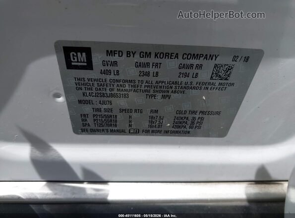 KL4CJ2SB3JB653183 2018 BUICK ENCORE White Вид підкапотного простору