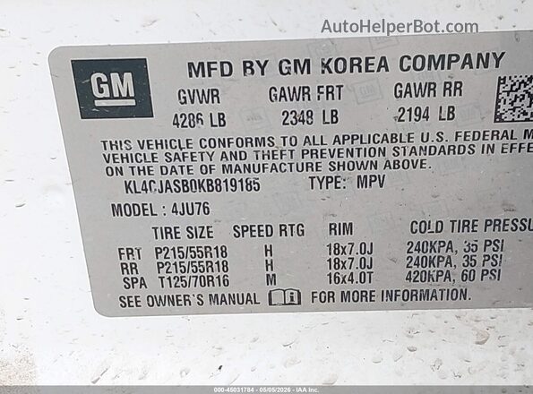 KL4CJASB0KB819185 2019 BUICK ENCORE Белый Вид подкапотного пространства