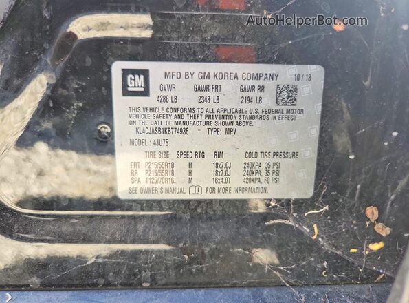 KL4CJASB1KB774936 2019 BUICK ENCORE Черный Вид наклейки с VIN-кодом