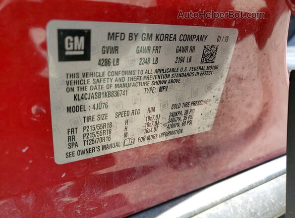 KL4CJASB1KB836741 2019 BUICK ENCORE Red VIN կոդի պիտակի տեսք