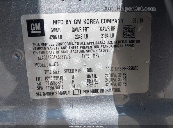 KL4CJASB1KB881176 2019 BUICK ENCORE Light Blue Вид подкапотного пространства