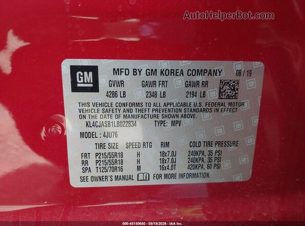 KL4CJASB1LB022834 2020 BUICK ENCORE Красный Вид подкапотного пространства