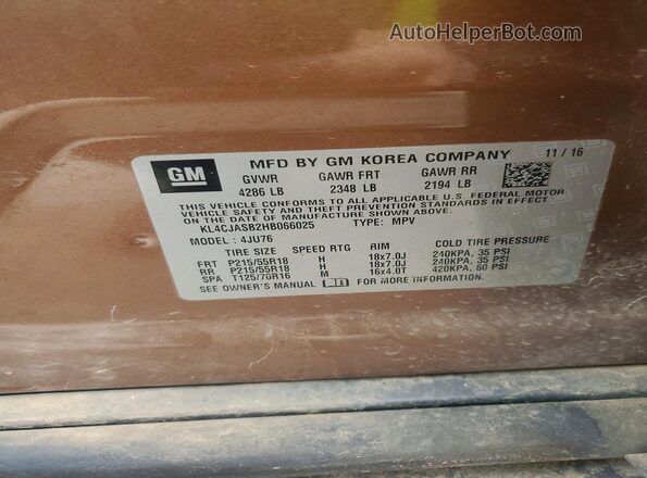 KL4CJASB2HB066025 2017 BUICK ENCORE Tan Vista del compartimento del motor