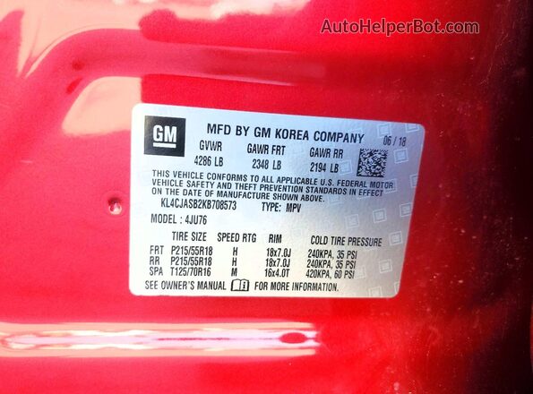 KL4CJASB2KB708573 2019 BUICK ENCORE Темно-бордовый Вид наклейки с VIN-кодом
