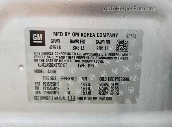 KL4CJASB2KB730170 2019 BUICK ENCORE Silver Սալոնի 360 աստիճան տեսք