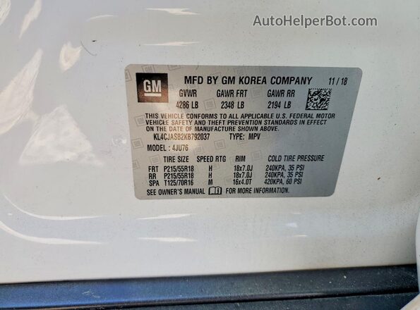 KL4CJASB2KB792037 2019 BUICK ENCORE White Widok naklejki z numerem VIN