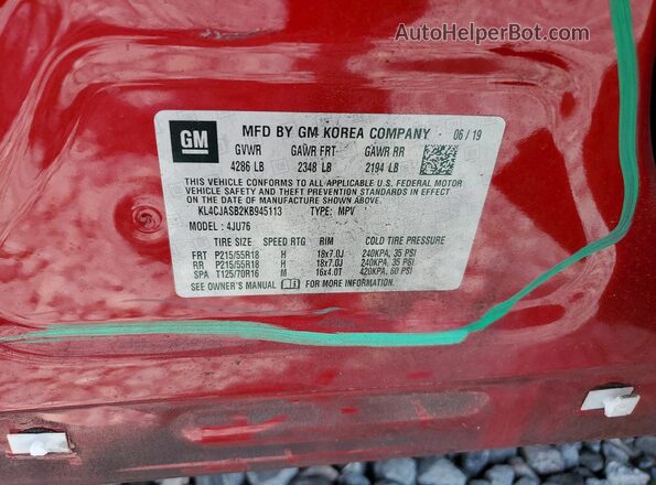 KL4CJASB2KB945113 2019 BUICK ENCORE Красный Вид наклейки с VIN-кодом
