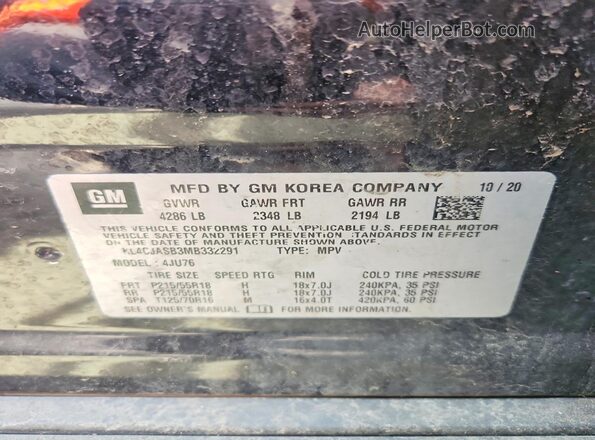 KL4CJASB3MB332291 2021 BUICK ENCORE Синий Вид наклейки с VIN-кодом