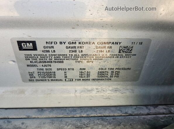 KL4CJASB4KB784988 2019 BUICK ENCORE Серебряный Вид наклейки с VIN-кодом