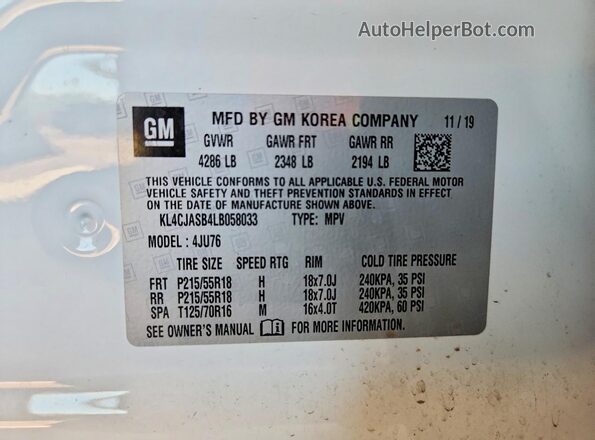 KL4CJASB4LB058033 2020 BUICK ENCORE White VIN კოდის სტიკერის ხედი
