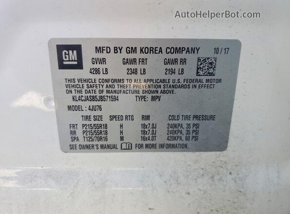 KL4CJASB5JB571594 2018 BUICK ENCORE White Vista del compartimento del motor