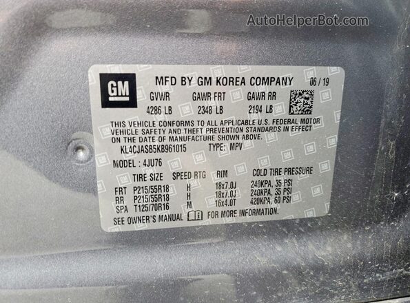 KL4CJASB5KB961015 2019 BUICK ENCORE Угольный Вид наклейки с VIN-кодом