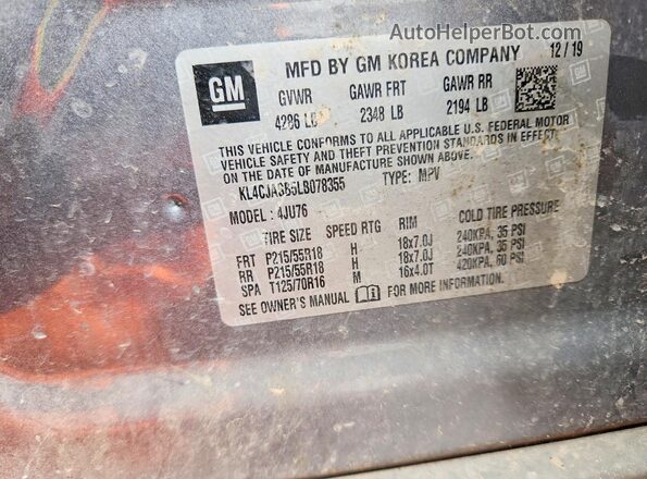 KL4CJASB5LB078355 2020 BUICK ENCORE Gray Vista de la etiqueta del VIN