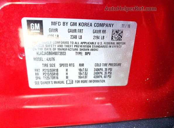KL4CJASB6HB073933 2017 BUICK ENCORE Red Vista de la etiqueta del VIN