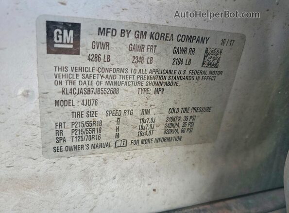 KL4CJASB7JB552688 2018 BUICK ENCORE Silver Vista de la etiqueta del VIN