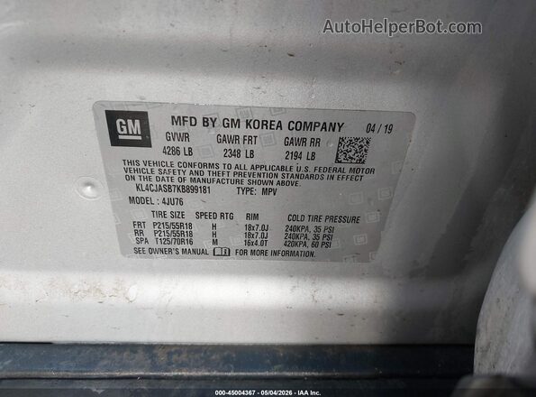 KL4CJASB7KB899181 2019 BUICK ENCORE Silver Vista del compartimento del motor