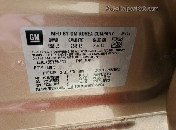 KL4CJASB7KB949772 2019 BUICK ENCORE Gold Widok wnętrza 360 stopni