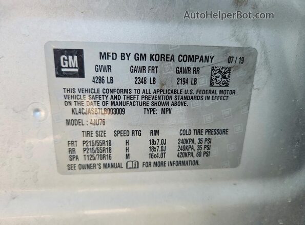 KL4CJASB7LB003009 2020 BUICK ENCORE Silver Vista de la etiqueta del VIN