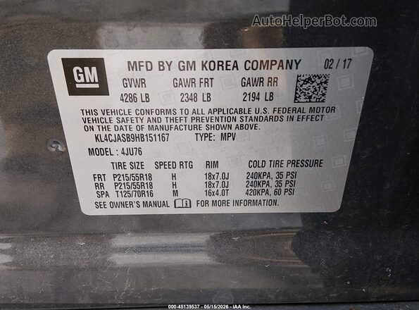 KL4CJASB9HB151167 2017 BUICK ENCORE Серый Вид подкапотного пространства