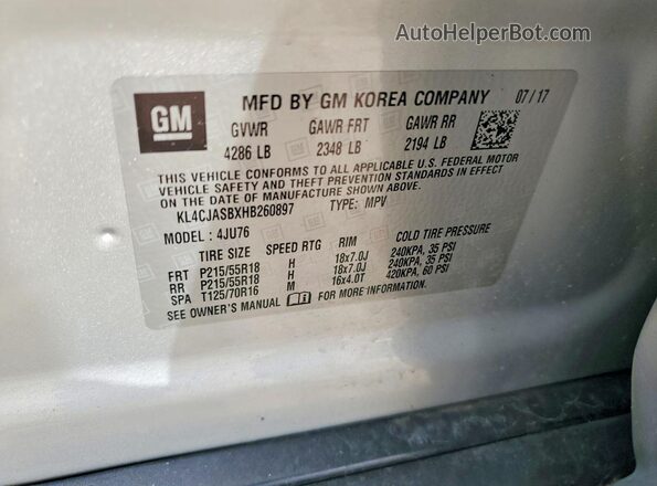 KL4CJASBXHB260897 2017 BUICK ENCORE Серебряный Вид наклейки с VIN-кодом