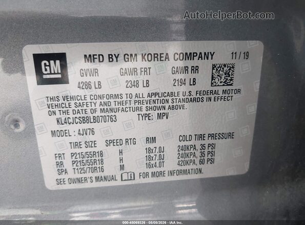 KL4CJCSB8LB070763 2020 BUICK ENCORE Серый Вид подкапотного пространства