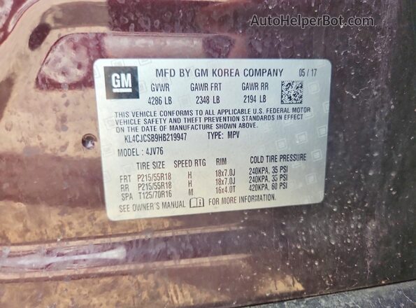 KL4CJCSB9HB219947 2017 BUICK ENCORE Бордовый Вид наклейки с VIN-кодом