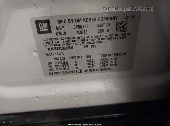 KL4CJCSBXJB645698 2018 BUICK ENCORE Серебряный Вид подкапотного пространства