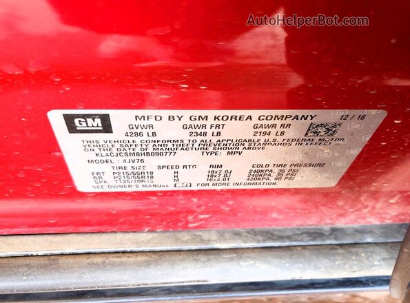 KL4CJCSM8HB090777 2017 BUICK ENCORE Maroon Շարժիչի բաժամունքի տեսք
