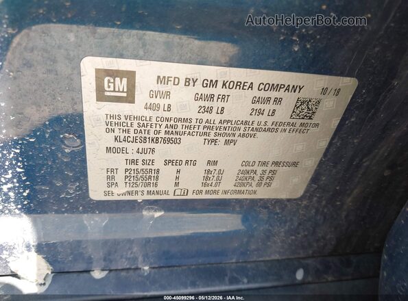 KL4CJESB1KB769503 2019 BUICK ENCORE Синий Вид подкапотного пространства