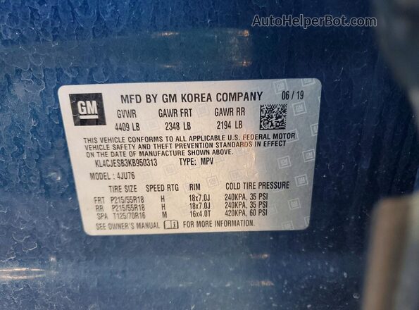 KL4CJESB3KB950313 2019 BUICK ENCORE Blue VIN კოდის სტიკერის ხედი