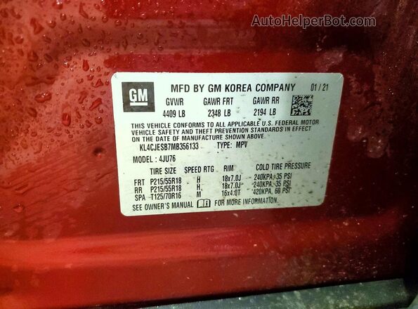 KL4CJESB7MB356133 2021 BUICK ENCORE Red Панорамний вид салону 360°