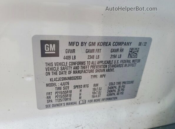 KL4CJESM4NB552033 2022 BUICK ENCORE Белый Вид наклейки с VIN-кодом