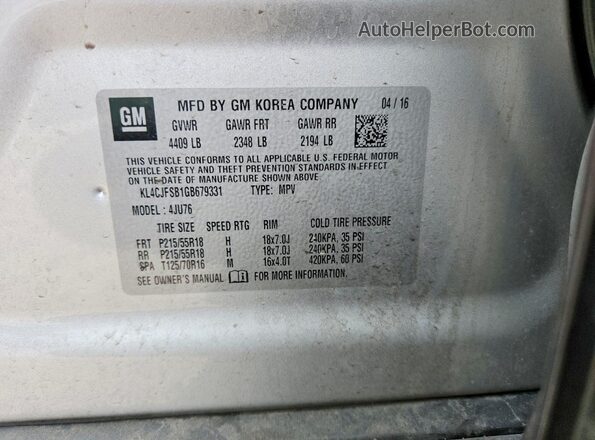 KL4CJFSB1GB679331 2016 BUICK ENCORE Silver Widok naklejki z numerem VIN