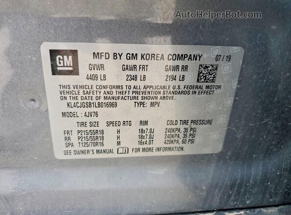 KL4CJGSB1LB016969 2020 BUICK ENCORE Серый Вид наклейки с VIN-кодом