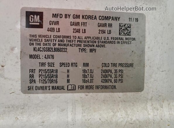 KL4CJGSB2LB060222 2020 BUICK ENCORE Белый Вид наклейки с VIN-кодом
